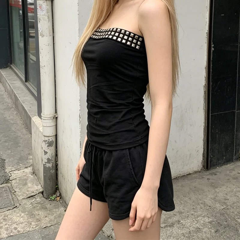 Women Y2K Studded Tube Top 2026 Summer New Gothic Punk Strapless Crop Top Sexy Spicy Girl Sleeveless Bandeau Top Streetwear Club