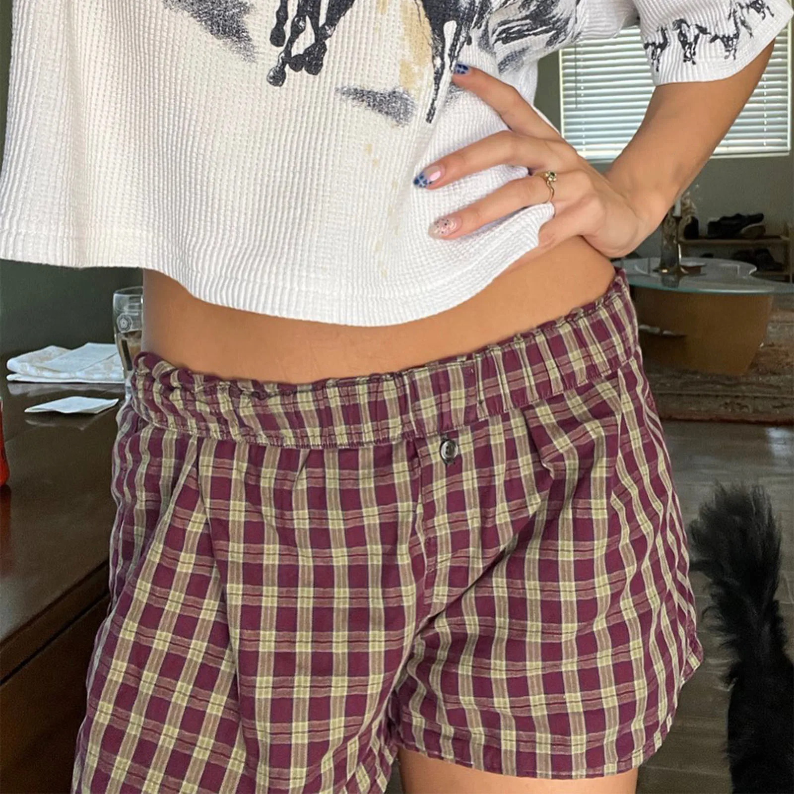 2026 Women Y2k Gingham Boxer Shorts Stripes Button Elastic Waist Boxers Cute Mini Bloomers Plaid Loose Fit Boy Shorts