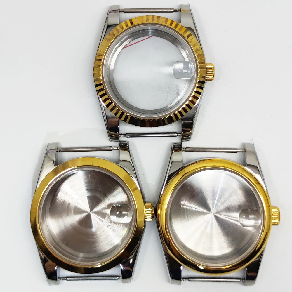 36mm/39mm Gold Silvery Polished Stainless Steel Sapphire Glass Watch Case Fit NH35 NH36 ETA2824 PT5000 ETA2836 Miyota82 Movement