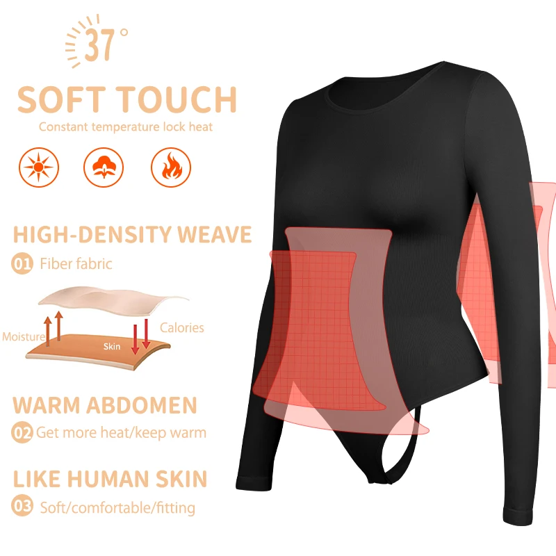 Shapewear Bodysuit Women Body Shaper Tummy Control Long Sleeve Open Crotch Crew Neck Seamless Shapers