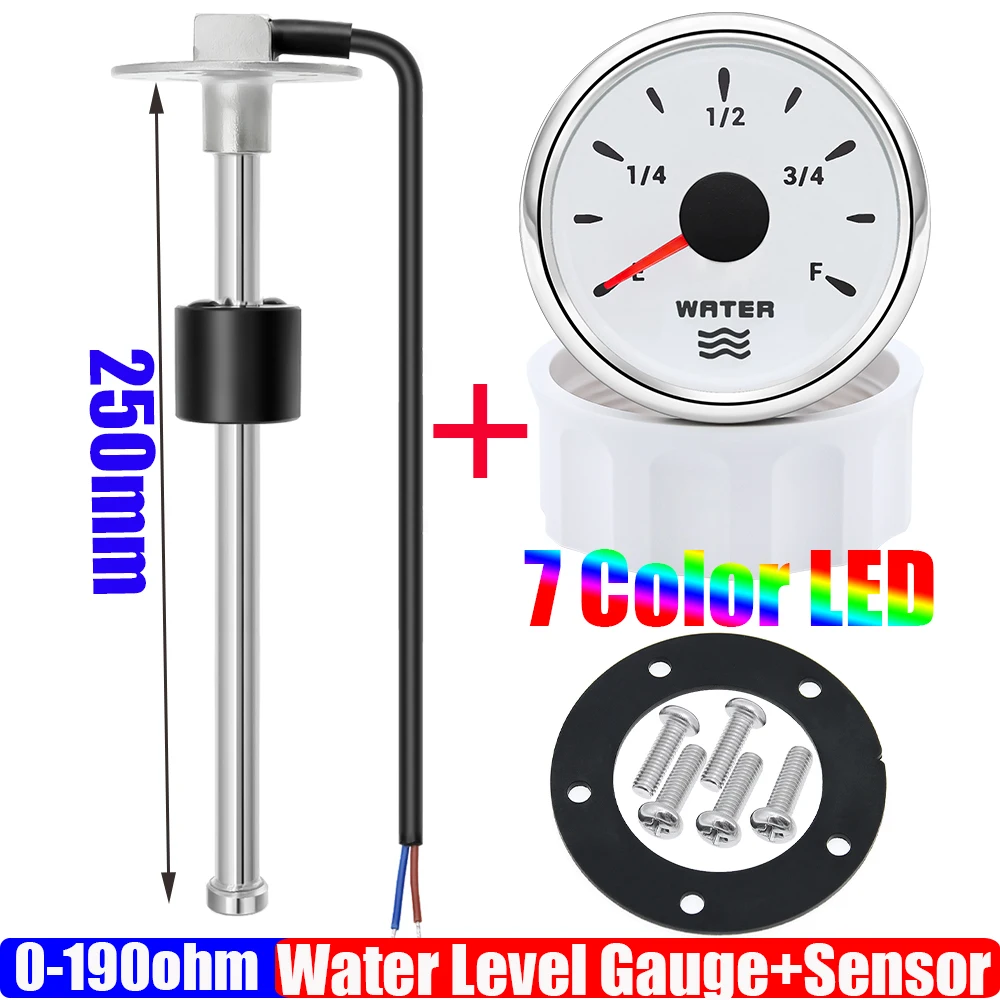 Medidor de Nível de Água com Luz de Fundo de 7 Cores 2" 52mm + Sensor de Nível de Água 0-190 Ohm Indicador de Tanque de Água para Carro, Barco, Iate 12V24V