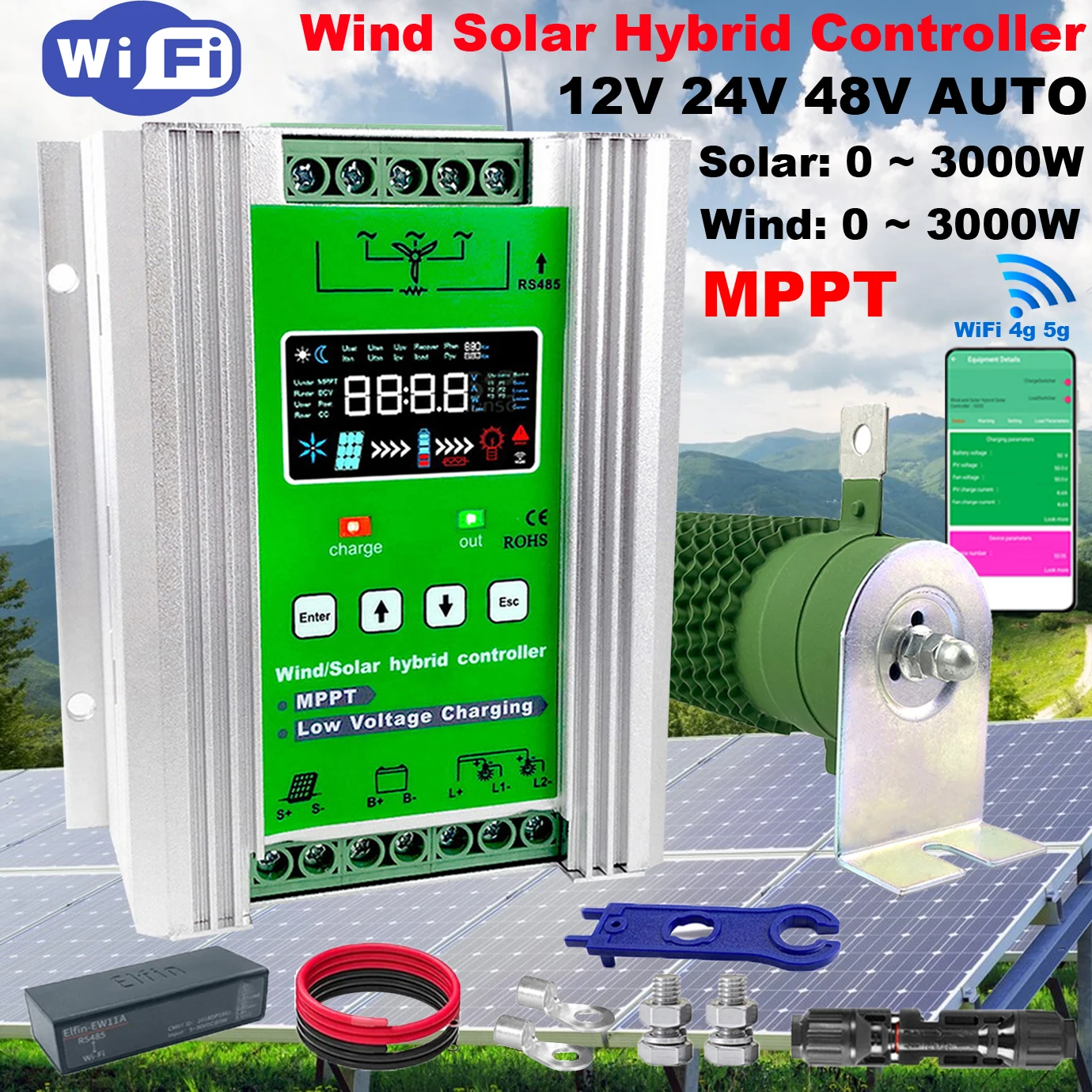 3000W 4KW 12 24 48V MPPT Hybrid Charge Controller Wind Generator Solar Panel Charger LCD Display Dump Load For Household Systems