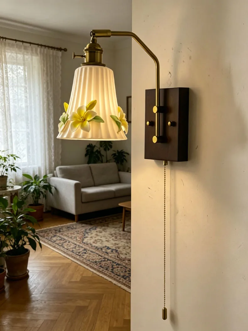 White Ceramic Wall Light Flower Wood Base Switch E27 Bulb