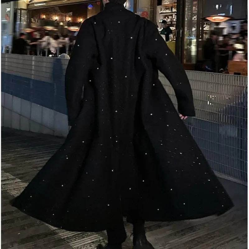 Shiny thick trench coat chic sequin autumn winter men's warm woolen coat casual double breasted long overknee woolen coat