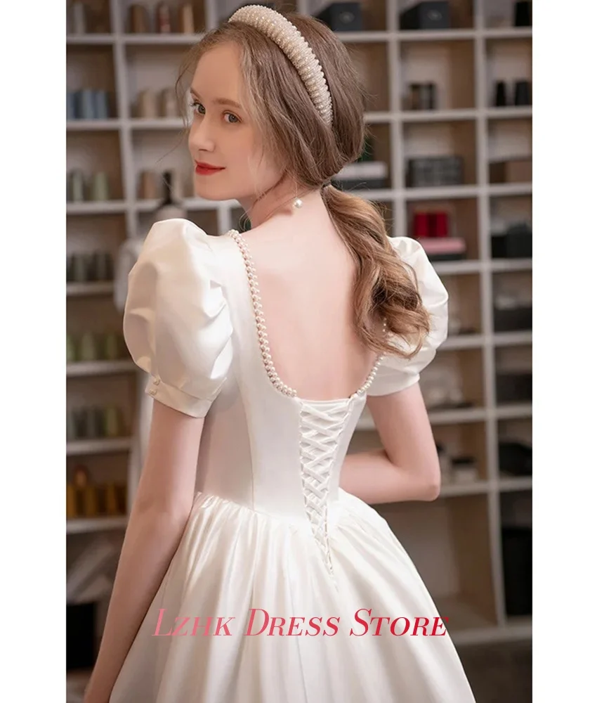 Robe de soirée en Satin classique personnalisée, ligne a, perles, haute qualité, col carré, manches courtes