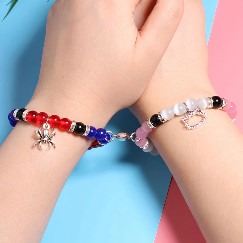 2 Pcs/Set Spider Matching Bracelets for Couples Friends Matching Spider Kitty Bracelet Stone Beads Bracelets Jewelry Gifts