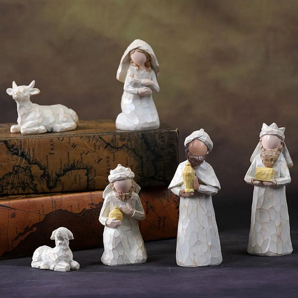 8Pcs/Set Birth of Jesus Figurine Resin Nativity Advent Manger Joseph Virgin Mary Three Wisemen Animal Statue Sculpture Desktop D