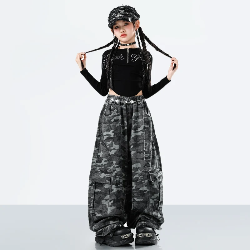 

Kids Girl Hip-Hop Style Dance Jazz Tee Top And Camouflage Pants Rapper Clothes Set Teens Children Fashion Design Hiphop Costume