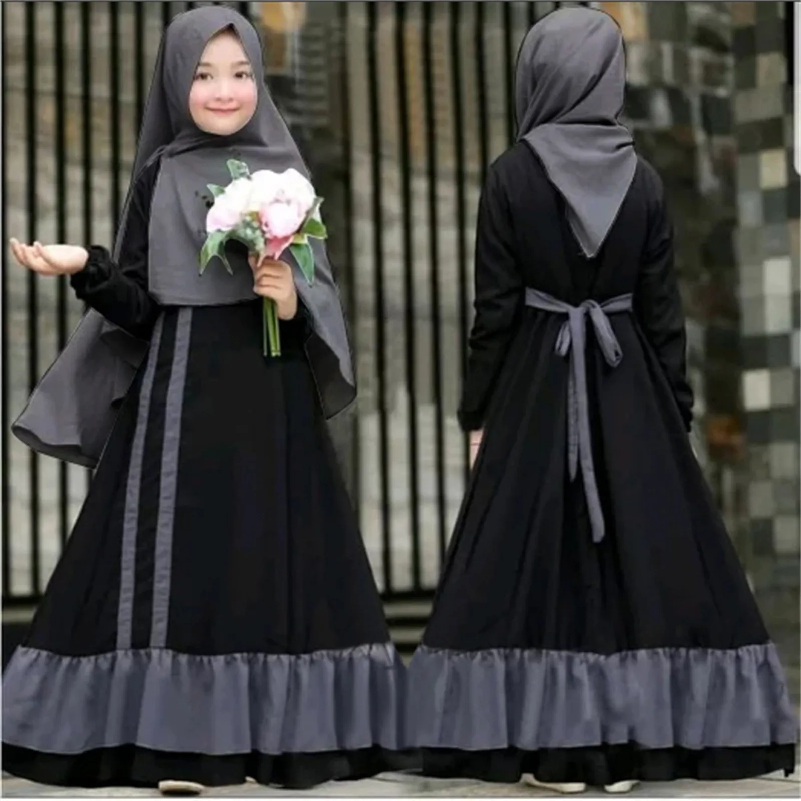 Muslim 2 Pcs Ramadan Sets Children Plain Robe Islam Girls Modest Clothing Kids Hijab Prayer Dress Abaya Dubai Turkey Kaftan Gown