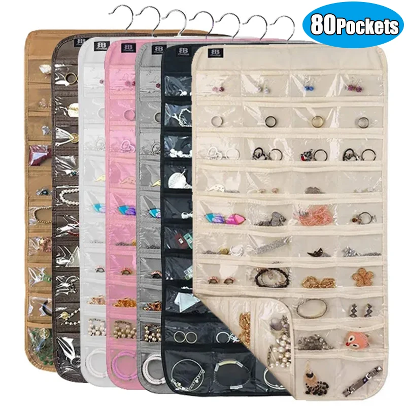 80Pockets Jewelry Storage Hanging Bag Double Sided Dustproof Necklace Ring Display Organizer Storage Bags Behind Cabinet Door