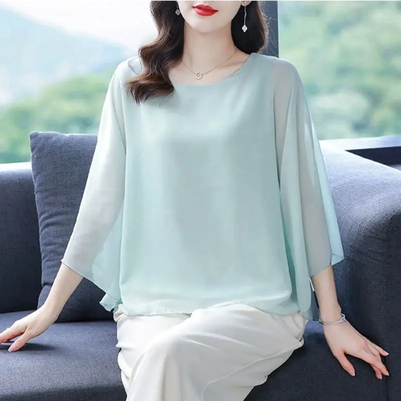 2024 Women\'s Summer O-Neck Patchwork Fashion Solid Color Batwing Sleeve Office Lady Casual Blouse Short Sleeved Shirts Blouses