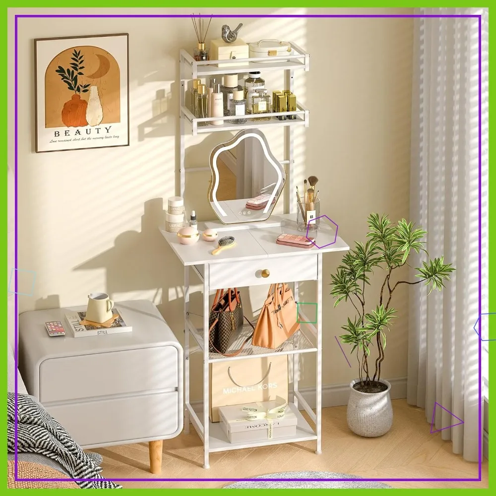 

Compact White Vanity Desk with Fabric Drawers for Small Spaces, Makeup Table with Storage, 23.6in Wide