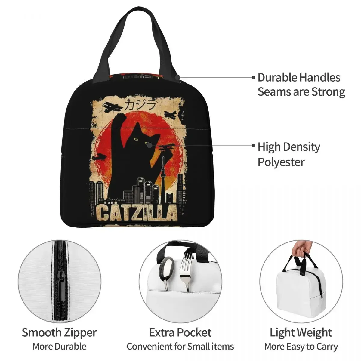 Vintage Catzilla Sunset Cats Lover Insulated Lunch Bags borse da Picnic Thermal Lunch Box Lunch Tote per donna Work Children School