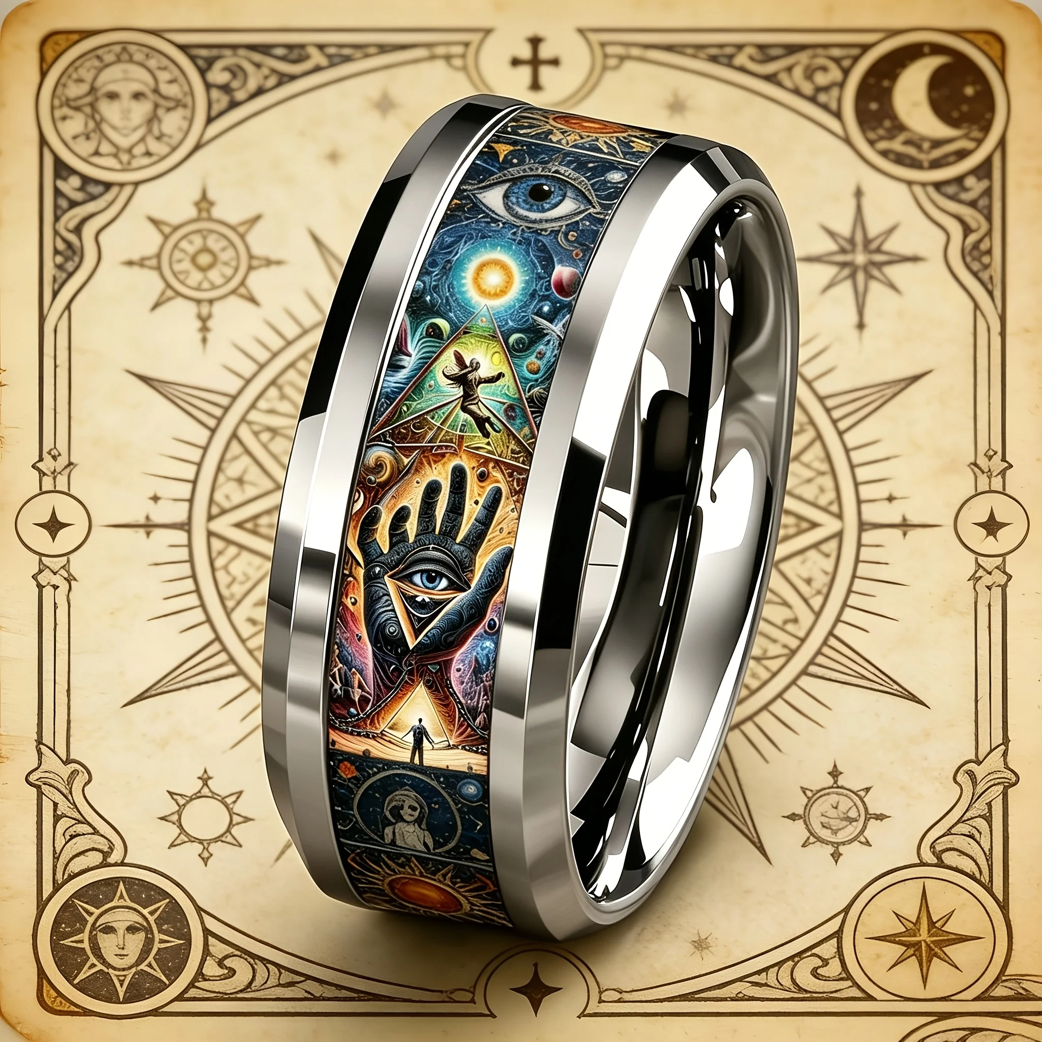 SUNFLOWER Unique Universe Men Stainless Steel Rings Non-fading Festival Starry Sky Wedding Band Double Bevel Ring Wholesale