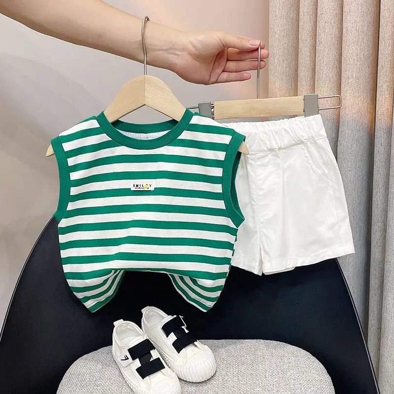 2023 Summer Striped Printed Children's Casual Round Neck Breathable Loose Sleeveless Vest Collocation Solid Color Shorts Sets