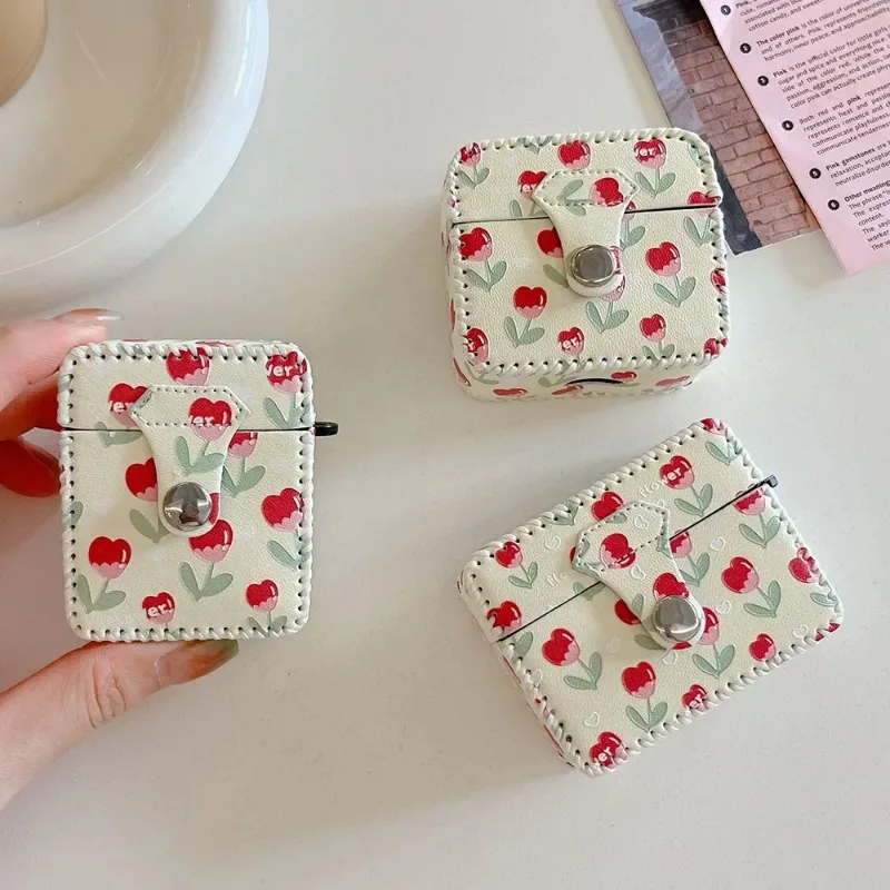 Étui carré en cuir Cortex Tulip Flower pour Apple, housse de protection pour écouteurs, AirPods Pro 2, 1, 2, 3, 2 en 1