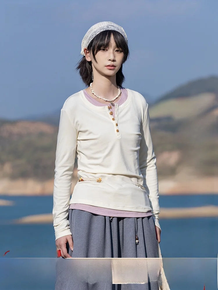 

Saoe Early Girl Long Sve Thin Base Layer Henry irt Inner Wear T-irt Commute Sle Slim Fit Summer Cool Feeling Pure Color