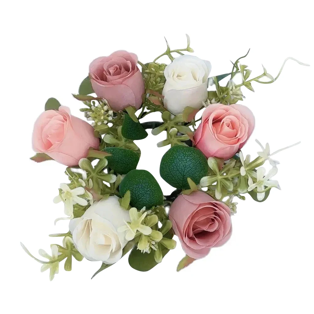 2pcs Artificial Garland with Candlestick Centerpieces, Rose Candle Wreath, Tea Light Candle Holders, Artificial Plant Wreath