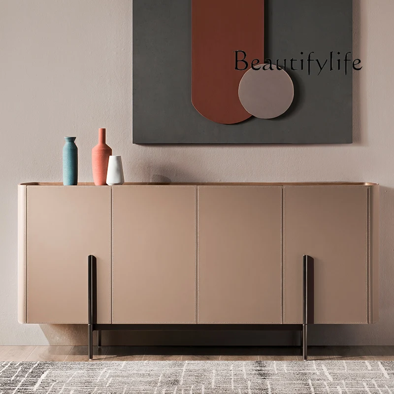 Italian Minimalist Walnut Sideboard Cabinet European Entry LUX Designer Model Saddle Leather Locker