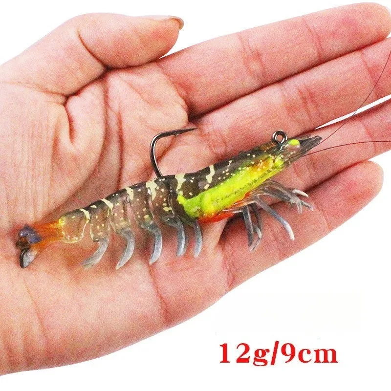 Isca Artificial de Camarão em PVC Macio, Luminosa, com Anzol, para Pesca, 12g, 9cm, 6 Cores, 1/5/6 Peças