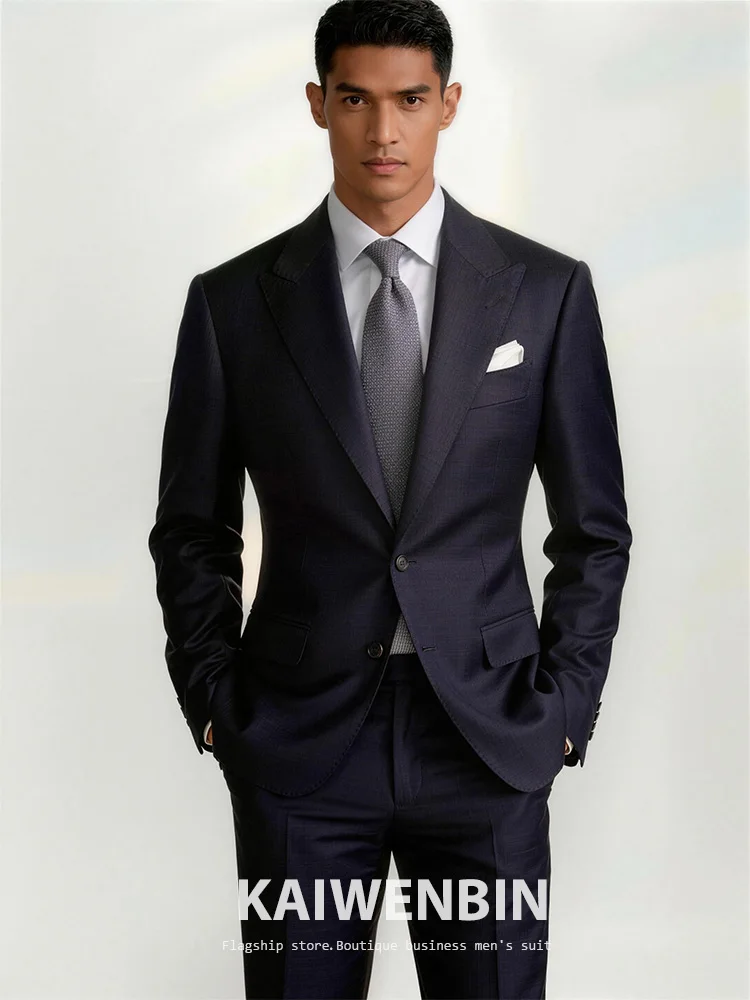 Men's Suit 2-Pieces Custom Made Peak Lapel Half Canvas Luxury 100% Wool Wedding GroomDouble Button Business Formal Blazer Pants