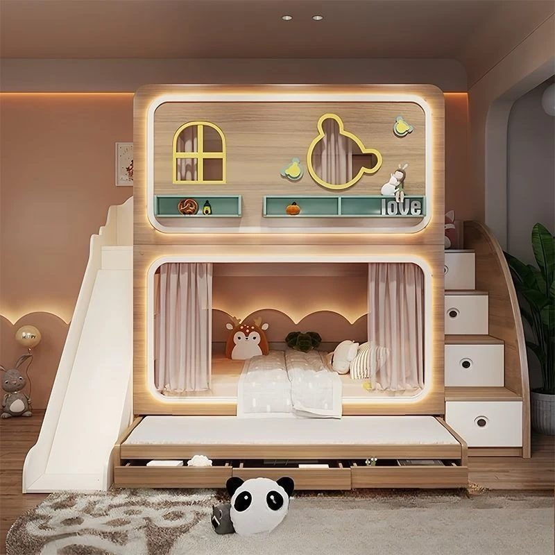 Log color upper and lower beds, simple high and low beds, modern cabinets with ladders, mother and child bed slides, bunk beds