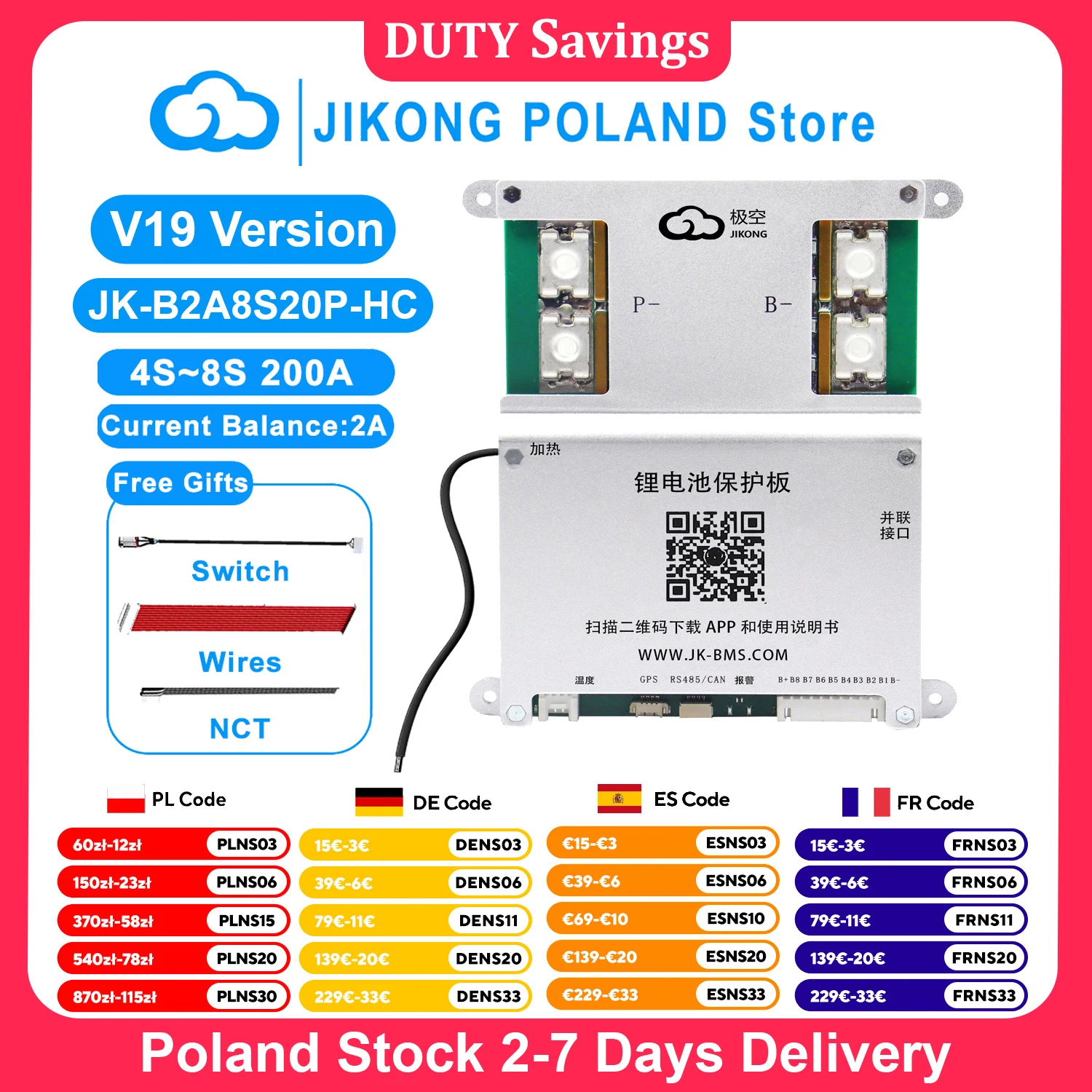 JIKONG V19 JK BMS B2A8S20P-HC 4S-8S BT RS485 HEAT CAN 2A Corrente 12V-36V 200A Bilanciamento attivo BMS per batteria agli ioni di litio Lifepo4 Lto