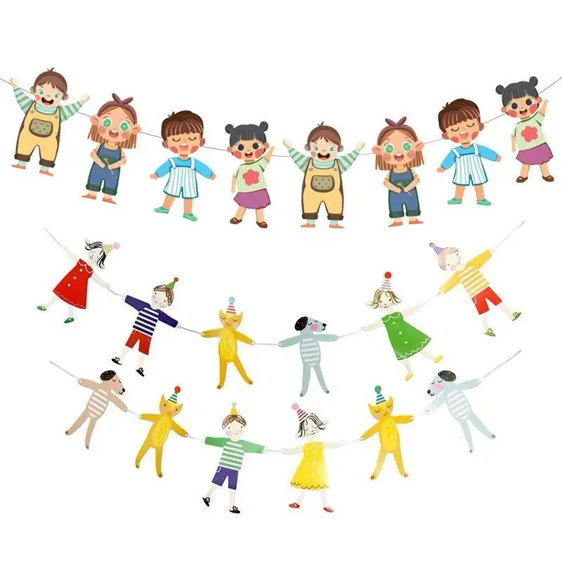 8/12Pcs Cute Hands In Hands Boy Girl Cat And Dog Cartoon DIY Bunting Birthday Banner Flag Party Decoration Paper Flags Hanging