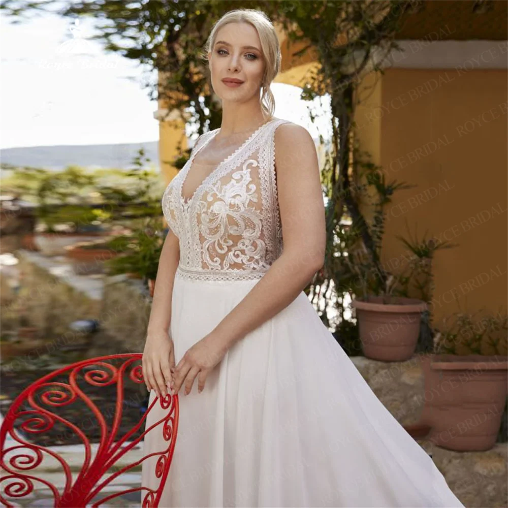 Um vestido de casamento sem mangas para mulheres, chiffon simples, decote em v, sem mangas, plus size, vestidos de noiva, casamento, boho