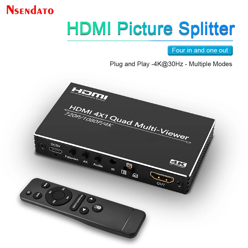 

Мультивьюер 4K HDMI 4X1 для четырех экранов, 1080P, 4 входа 1 выход, бесшовный коммутатор HDMI, 10 режимов отображения для камеры, ноутбука, ПК
