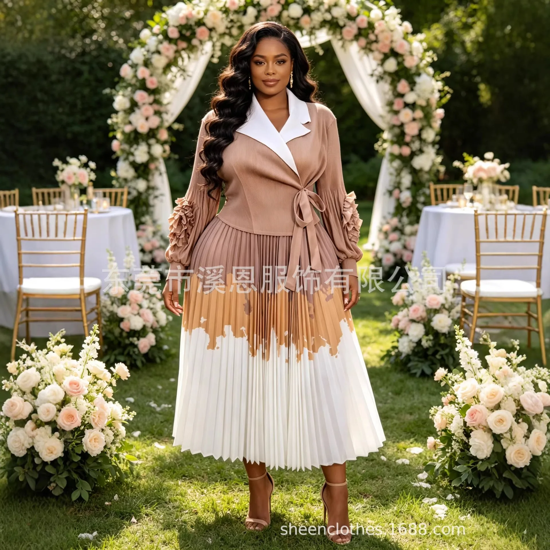 ANLAN Elegant Women's Clothing Color Block Pleated Dress Lantern Sleeve Turn-Down Collar Lace-Up Dresses 2026 Summer New 5AN1329