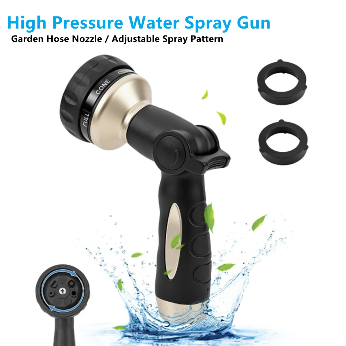 7 Pattern High Pressure Garden Water Spray Gun Heavy Duty Zinc Alloy Hose Nozzle with Ergonomic Rubber Grip for Car Wash Garden