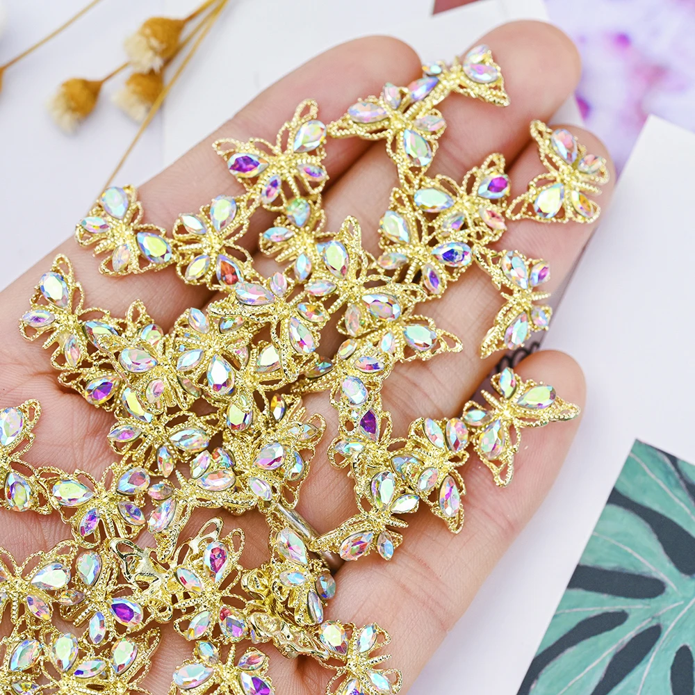 3D Butterfly Nail Jewelry Glass Crystal Rhinestones Sparkle Butterfly Nail Charms DIY Golden Alloy Diamond Nail Art Accessory #*