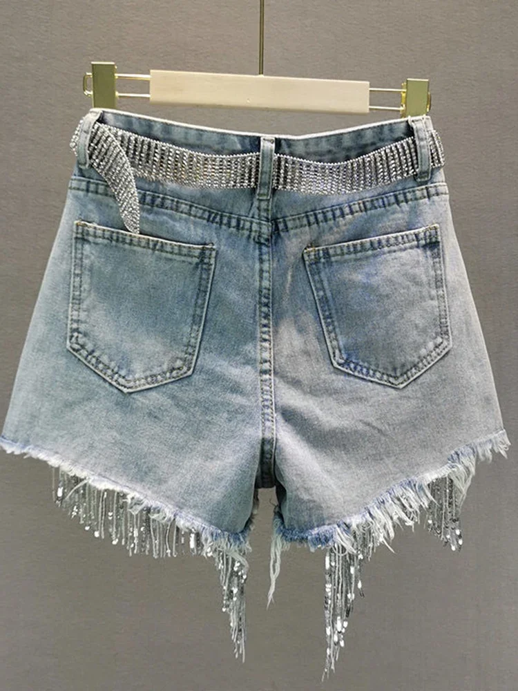 Elegant Shorts for Women Summer Tassel Beading High Waist Wide Leg Denim Shorts Female Casual Solid Shorts Jeans for Female 2024