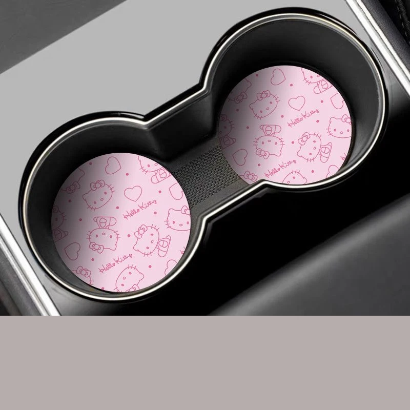 Pink Kawaii PU Leather Rubber Bottom Holle Kitty Car Coaster Cartoon Print Water Coaster Car Interior Decoration Y2K Charm Gifts