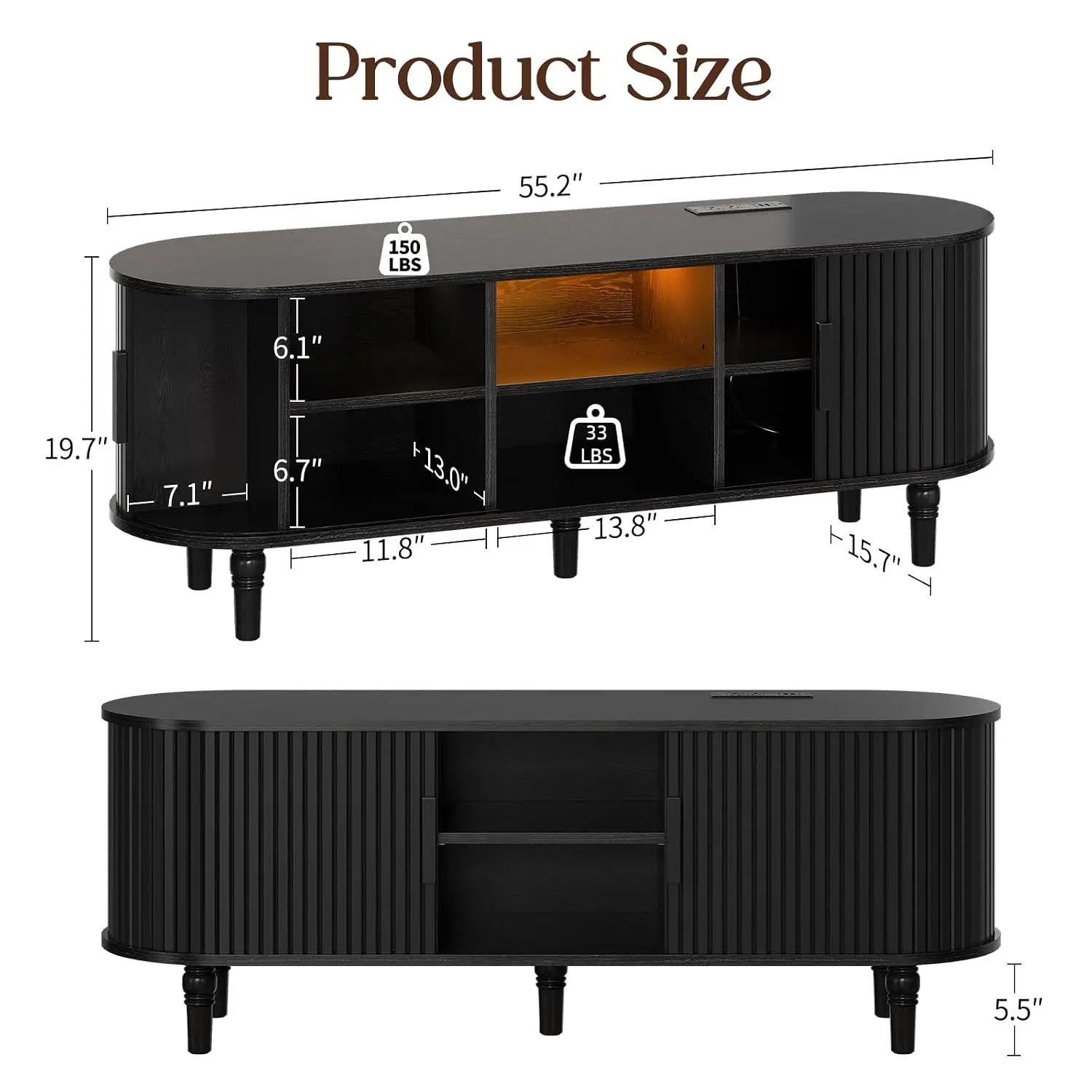 55-Inch Black TV Stand for TVs up to 60, Fluted Media Console with Power Outlet, LED Lights, Adjustable Shelves, Mid-Century