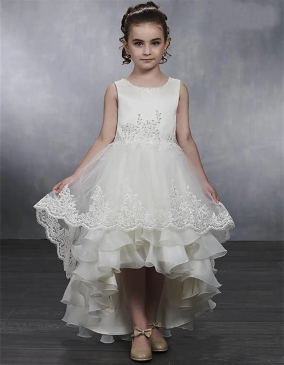 

Sleeveless Satin Lace Printing Layered Princess Flower Girl Dresses Wedding Party Ball First Communion Dresses Kids Gift