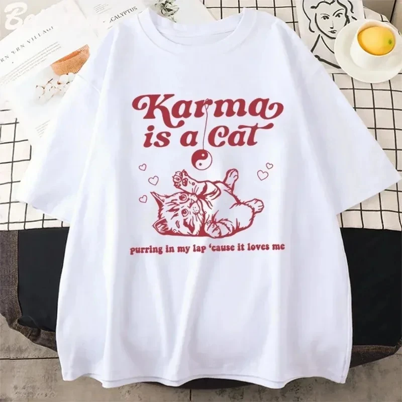 Karma Is A Cat 2024 Taylor Midnights Album Tshirt Short Tee Shirt Meet Me At Midnight Tops Camisetas Unisex Dropshipping