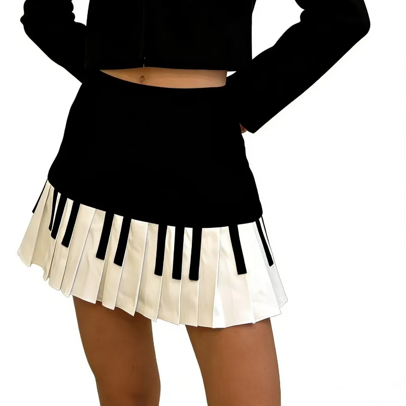 Spring Black White Spliced Women Short Skirt Y2k Slim Design Harajuku Mini Skirt Female Empire Korea Style Chic Piano Skirt