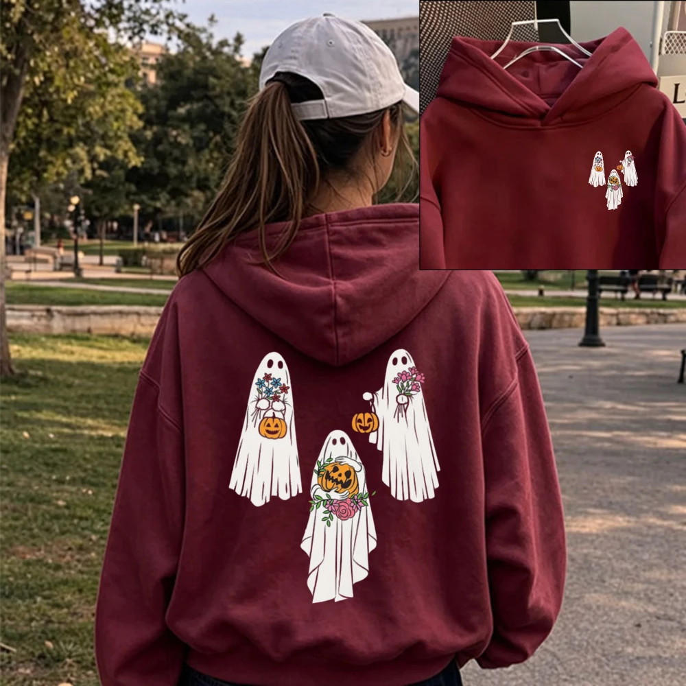 Cute Floral Ghost Halloween Hoodie Four Friendly Ghosts Holding Pumpkin‑Bucket Fresh Flower Retro Cartoon Pullover Casual Hooded