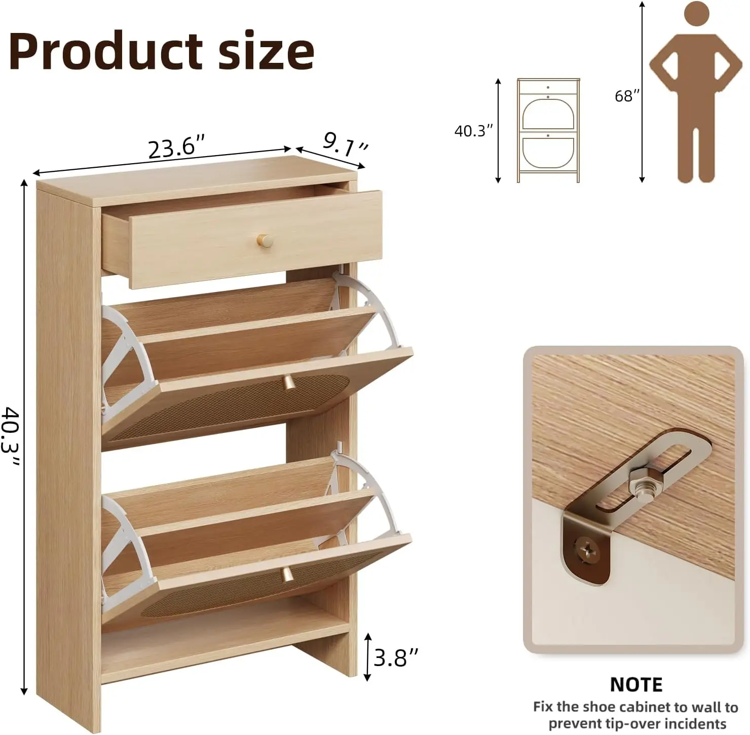 

Shoe Storage Organizer with 2 Flip Drawers and 1 Drawer, Freestanding Fluted Accent Narrow Shoe Rack, Farmhouse Shoe Cabinet