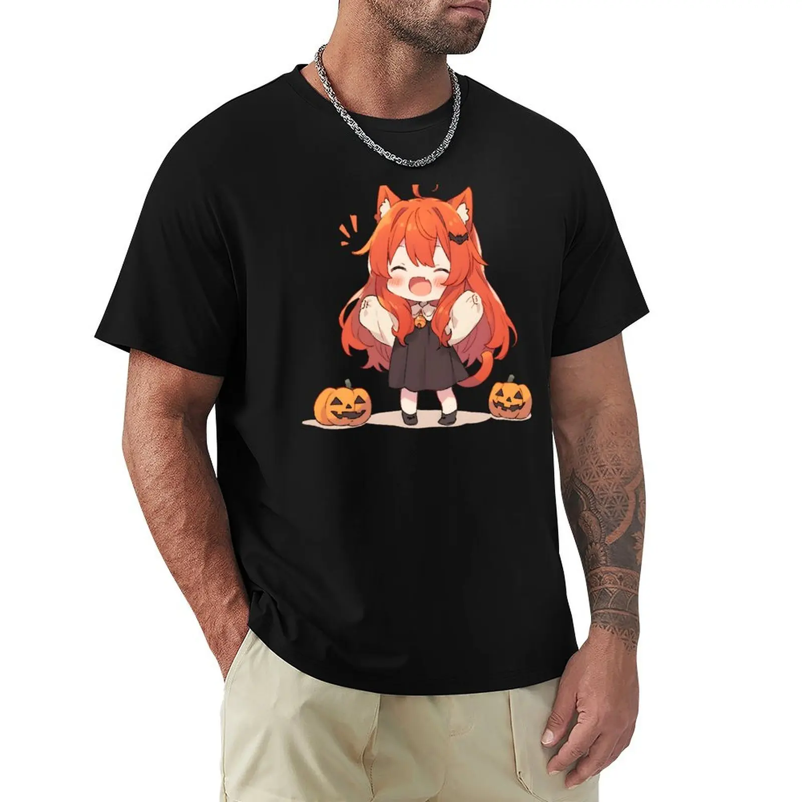 Anime Cat Girl loves Halloween T-shirt kawaii clothes shirts graphic tees mens funny t shirts