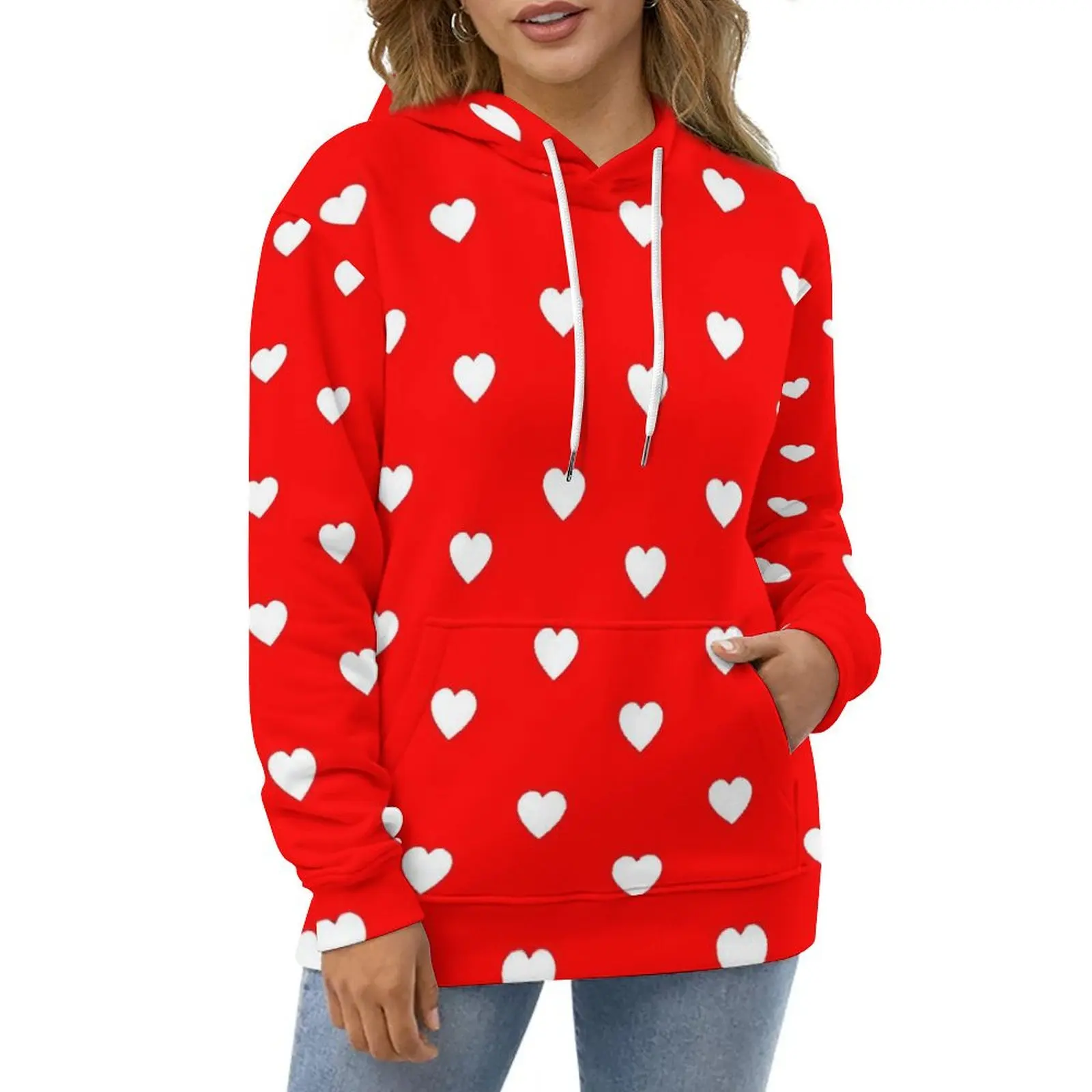 White Hearts for Valentines Day Hoodies  Street Wear Casual Pullover Hoodie Long Sleeve Funny Custom Hooded Sweatshirts Big Size