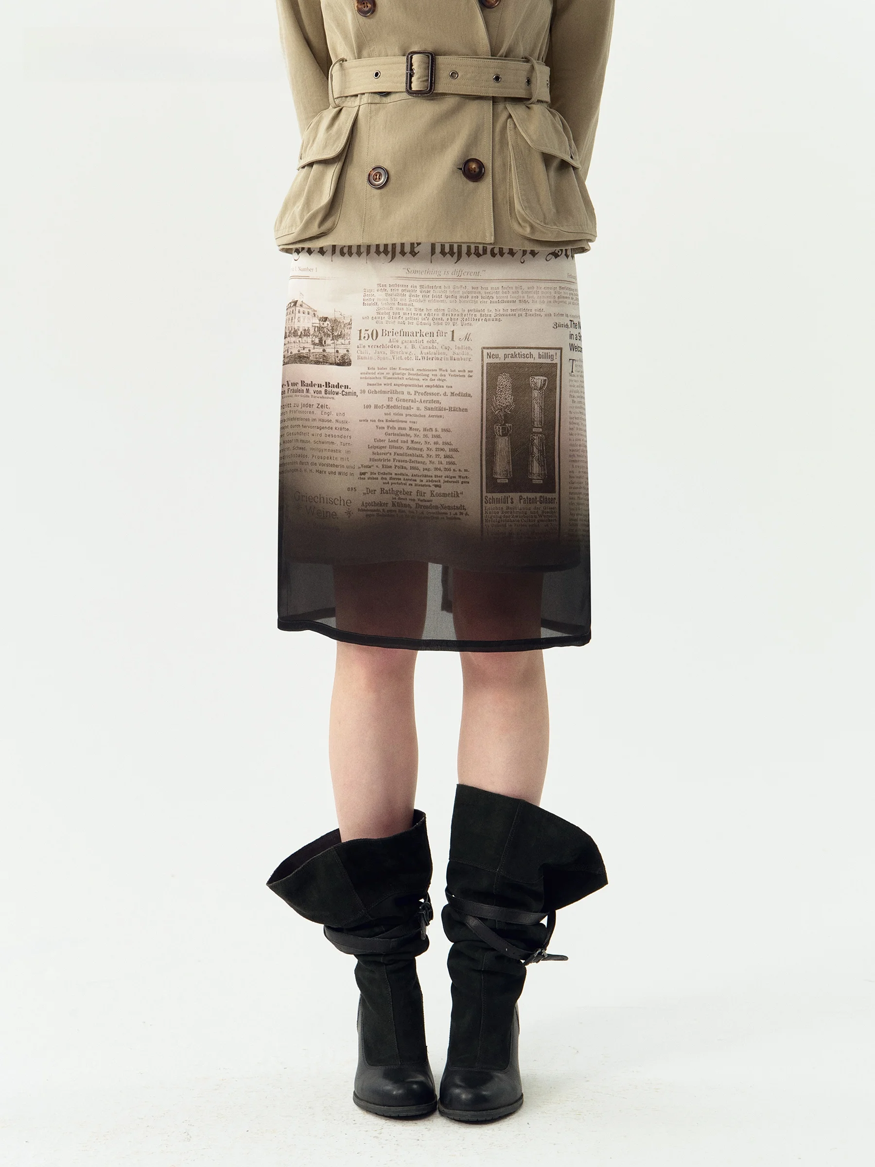 VERMO Fog Sensation Micro Light  Silk Vintage Blurred Newspaper Gradient Print Classic H-Shape Half-length Skirt