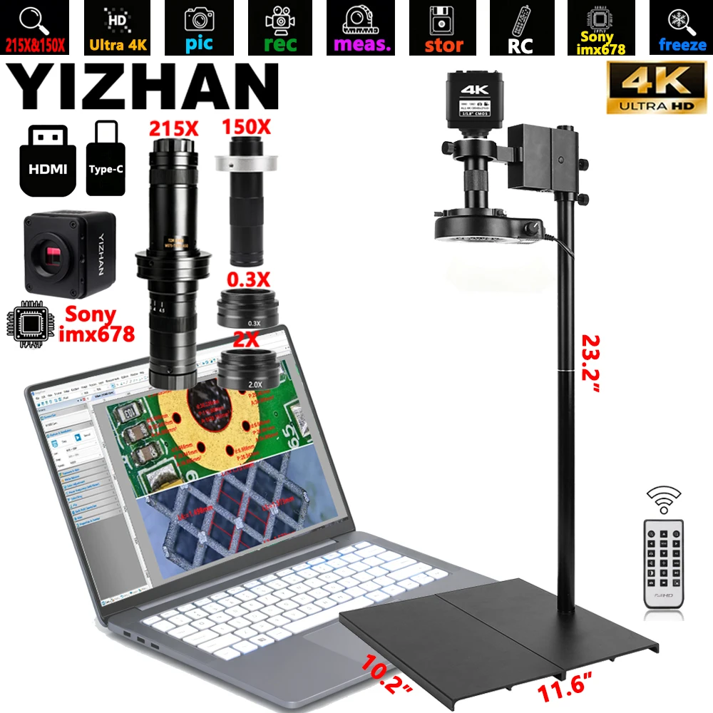 YIZHAN 4K Digital Microscope IMX678 IMX415 Sensor Electronic Microscope With 150x 215x Two Lens For PCB Welding / Phone Repair