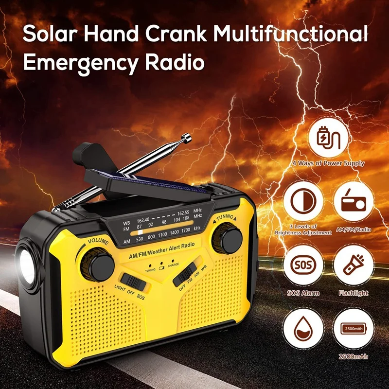 Hand Crank Solar Radio, AM/FM Weather Radio With LED Flashlight, USB Phone Charger,SOS Alarm,Use For Emergency, Outdoor