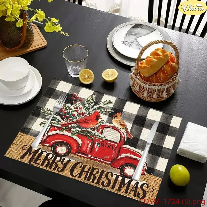 VIKAMA Christmas Placemats Winter Village Snowy Town Bridge Snowman Washable Mat Holiday Kitchen Dinner Party Decor