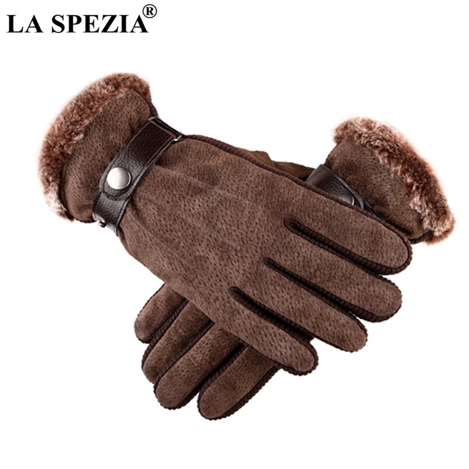 LA SPEZIA جديد براون قفازات جلد الخنزير الرجال قفازات الشتاء الجلدية مع فو الفراء الحرارية الذكور شاشة تعمل باللمس عدم الانزلاق قفازات دراجة