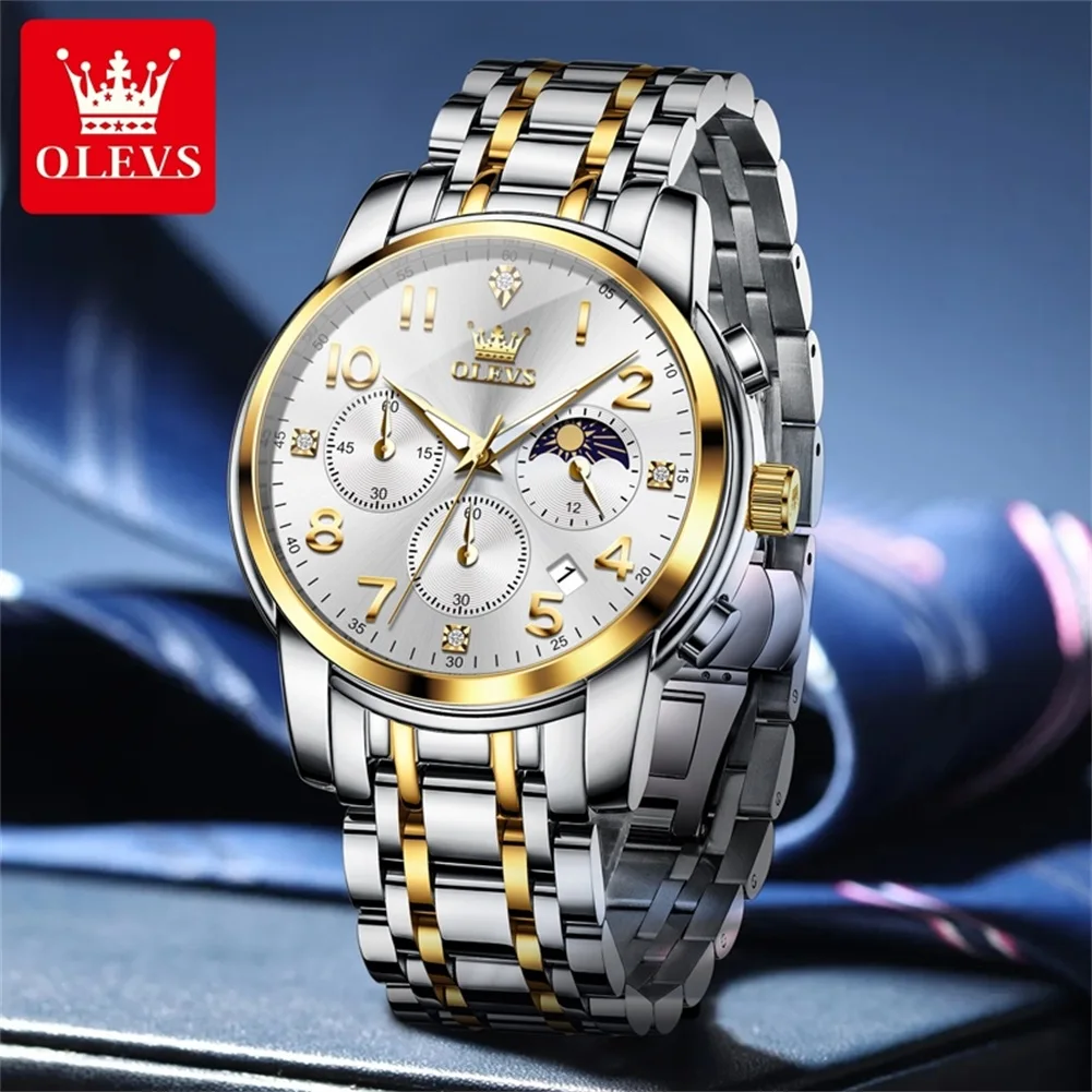 OLEVS 3628 Men Watch Classic Three Eye Stainless Steel Quartz Watch Digital Dial Waterproof Calendar Moon Phase Watch Top Brand