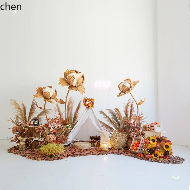 HT Plant Landscaping Fake Green Plant Cotton Cloud Reed Dried Flower Decoration Autumn Winter Window Scene Arrangement Sunlight